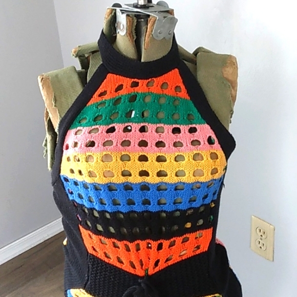 CLARA STORY BOHO CROCHET HALTER DRESS DRAWSTRING WAIST TASSELED HEM WOMANS S - Picture 2 of 7